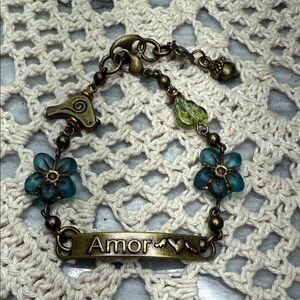 Amor Charm Bracelet with Blue and Green glass Accents